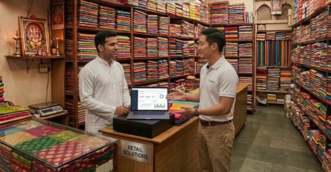 A SIDDHA advisor talking through a sales dashboard on a laptop with the owner of a sari shop