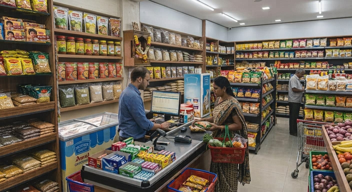 A cashier billing a customer at the counter of an Indian grocery store, with shelves of packaged goods and fresh vegetables around them